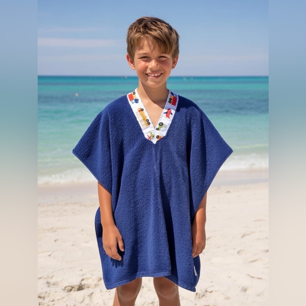 %100 Cotton Navy Blue Beach Towel Poncho with Colorful Trim